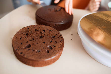 a part of brown cake. woman cutting sponge with a knife, secrets of cookery. ideal plane sponge cake...