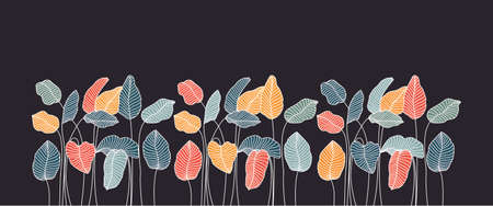 colored tropical leaves on black background.のイラスト素材