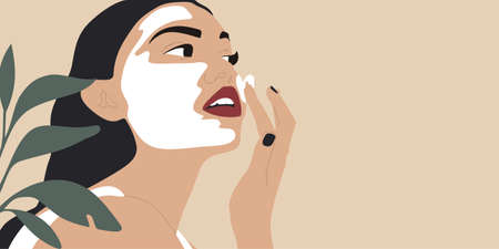 Beautiful young woman applying cosmetic product.Women face and green plant. Vector concept illustration.のイラスト素材