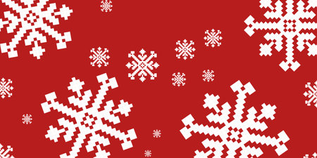Christmas background. Big and small white pixel snowflakes on red color background.のイラスト素材