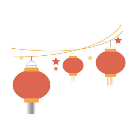 Red lantern garland. Chinese or japanese new year. Flat style vector color illustration. Decorative element template design.のイラスト素材