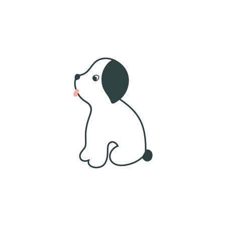 Cute puppy. Silhouette of white sitting dog with black ear and tail. Isolated vector illustration.のイラスト素材