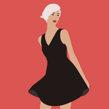 Pretty girl with white hair. Young woman in black dress is posing. Cocktail, party, fashion, style and beauty. Trendy modern illustration.のイラスト素材