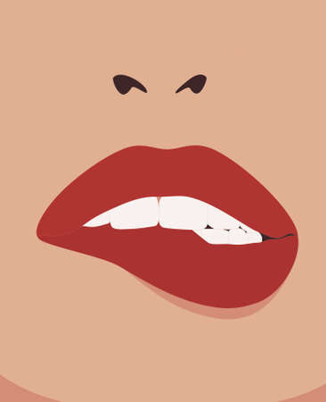 Lips biting. Closeup of beautiful plump sexy lips. Vector illustration of female mouth. Bite lower lip. White teeth.のイラスト素材
