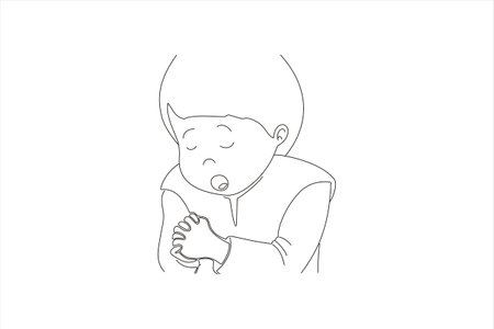 Cute little boy is praying with folded hands. Line style vector illustration.のイラスト素材