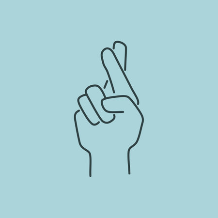 Crossed fingers sign. Symbol of superstition, luck or white lie. Line style vector illustration.のイラスト素材