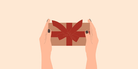 Female hands holding a present or gift box on pink background top view. Gift box wrapped with red ribbon. Flat style vector illustration banner. Copy space.のイラスト素材