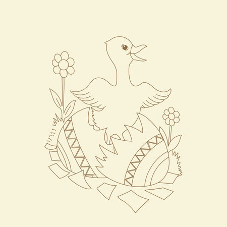 Outline illustration of cute duck with eggs shell on beige background. Vintage Happy Easter design motif.のイラスト素材