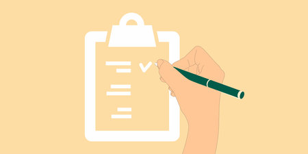 Hand holding pen and filling checklist making mark. To-do list or questionnaire concept. Top view....