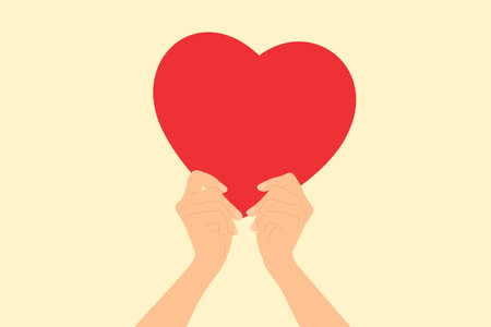 Two hands holding a big red heart. Concept of love, charity, donation. Vector illustrationのイラスト素材