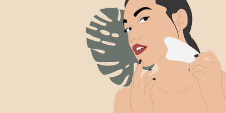 Beautiful young woman doing facial massage with gua sha toolのイラスト素材