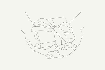 Hands holding gift or present box with bow. Two hands give a gift. Line style vector illustration.のイラスト素材