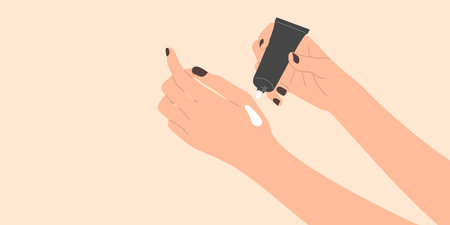 Vector illustration of hands holding a tube of cream. Female Hands With Manicure Nails Applying Cosmetic Lotion. Beauty And Body Care Conceptのイラスト素材