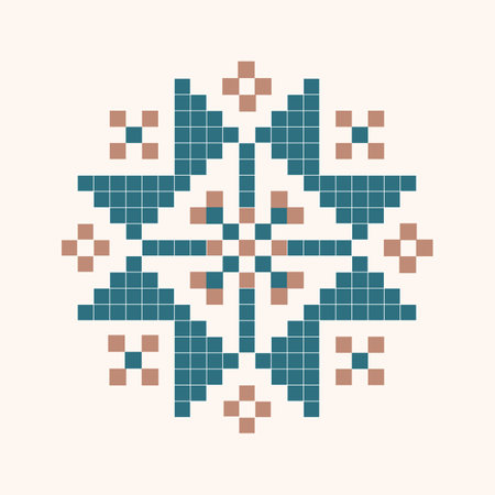 Geometric abstract a cross stitch pattern with red and white squares. Snowflake pixel art. Christmas and New Year decoration. Vector illustration.のイラスト素材