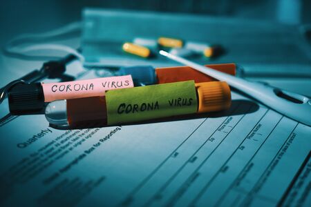 Concept of coronavirus quarantine. MERS-Cov. Novel coronavirus (2019-nCoV). Positive Coronavirus test blood sample. 2019-nCoV pandemicの写真素材