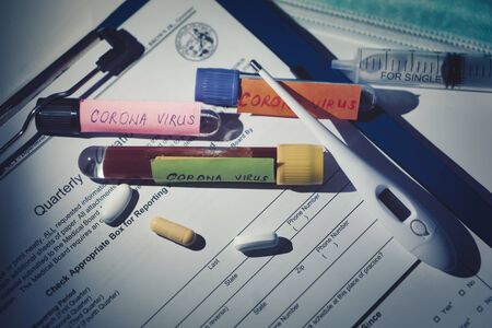 Concept of coronavirus quarantine. MERS-Cov. Novel coronavirus (2019-nCoV). Positive Coronavirus test blood sample. 2019-nCoV pandemicの写真素材