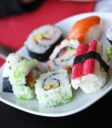 Japanese sushi on a white plate の写真素材