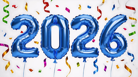 silver number 2, 0, 2, 6 foil balloon and bunch of blue helium balloons for new yearの素材