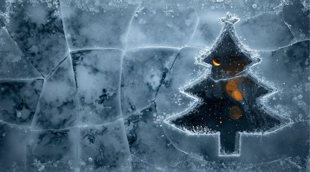 Christmas tree on ice background. New Year card. Copy space.の素材