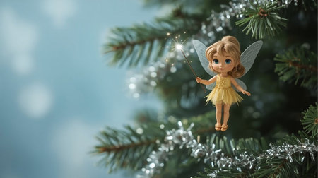A fairy with blue eyes and dark hair above the a Christmas tree branch.の素材