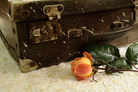 Detail of an old vintage suitcase with a roseの写真素材