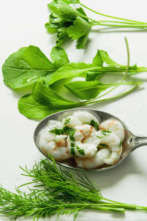 Fresh herbs and shrimpsの写真素材