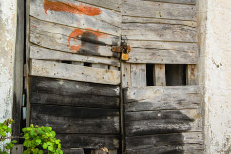 Old wooden door closing with claspの写真素材