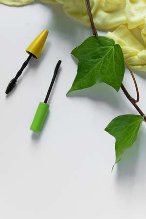 Top view of fashion flat lay. Minimal fresh fashion wopkplaceの写真素材