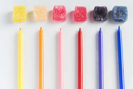 The dyes - evident and hidden in candy for children. Industry, business and health conceptの写真素材