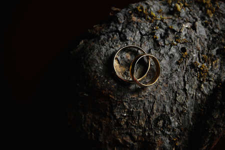 Two wedding rings on wooden background. Low key still life photographyの写真素材