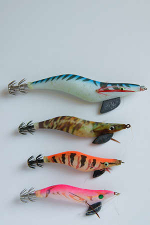Isolated colorful plastic fishing baits on white background, space for textの写真素材