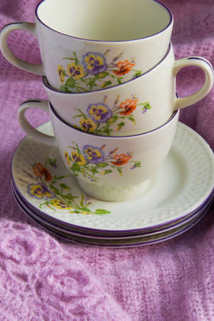 Old vintage tea cups, shabby shick styleの写真素材