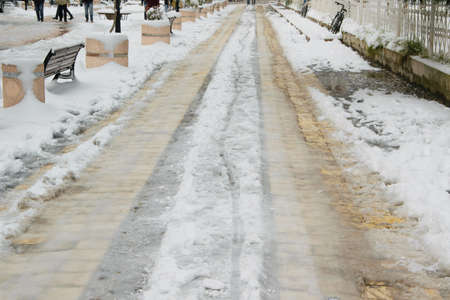 The frozen streets of the city after snowstorm, Albania