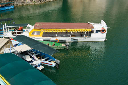 Aerial view of different passenger ferry and boats, tourism, transportation industry concept