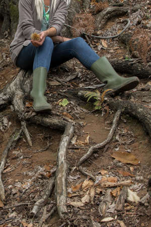 Crop view of young adult woman sitting on the tree's roots in the woods, casual outfit with natural...
