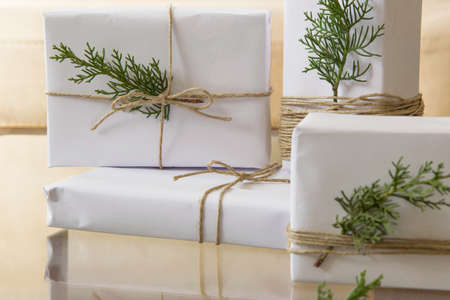 Elegant white handcraft gift boxes and fresh fir branches, seasonal celebration and eco-friendly...