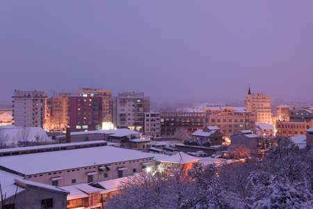 Evening snowy landscape of Shkodra city, Albania, Europe