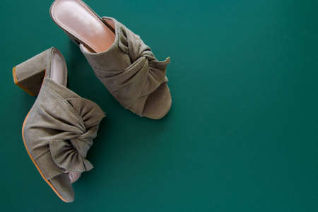 Pair of mules/clogs (military green color) on deep green background, space for text