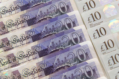 Closed up of pound sterling banknotes. United Kingdom currency