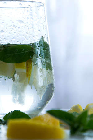 Refreshment ice drink/cocktail with raw lemons and mint