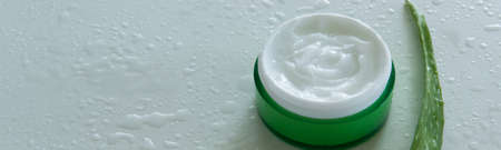 Isolated face/body cream with aloe leaves on white background. Wellness beauty treatment. Organic health care productsの写真素材