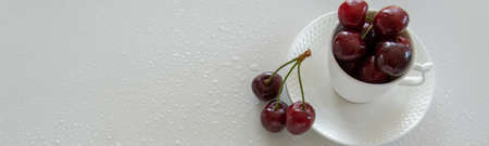 Cherries season. Top view of raw cherries in white cups and bowls