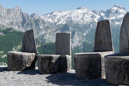 Divinity chairs.Antient thrones of the Gods on the top of the mountainの写真素材