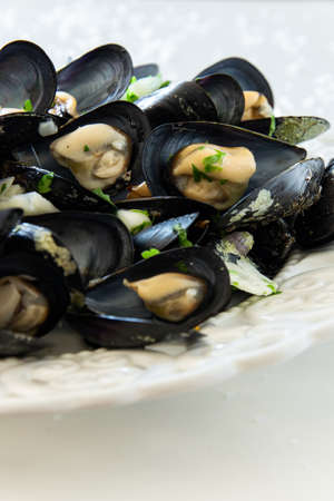 Close up view of cooked delicious black mussel. Healthy eating concept, rich protein  foodの写真素材