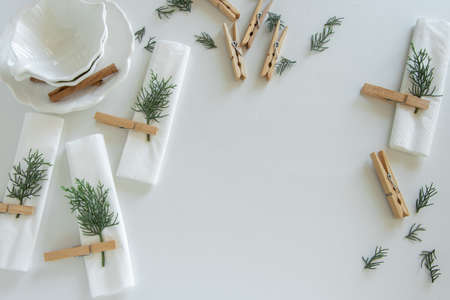 Preparations about arranging the table for winter holidays. Winter decoration, DIY