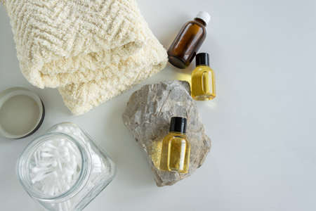 Top view of bottles with essential oil. Health care cosmetic productsの写真素材