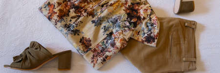 Autumn stylish woman outfit. Flatlay of woman dress and accessoriesの写真素材