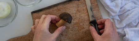 Personal perspective of woman hands preparing meatballs with porcini mushrooms (edible Boletus)