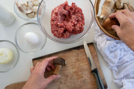 Personal perspective of woman hands preparing meatballs with porcini mushrooms (edible Boletus)の写真素材