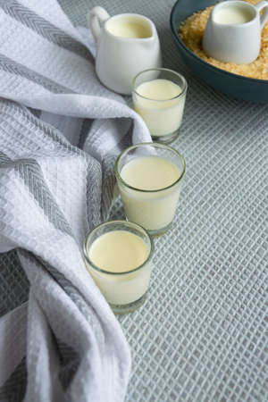 Fresh rice milk drink. Healthy nutritious vegetable milk. Homemade dairy themesの写真素材